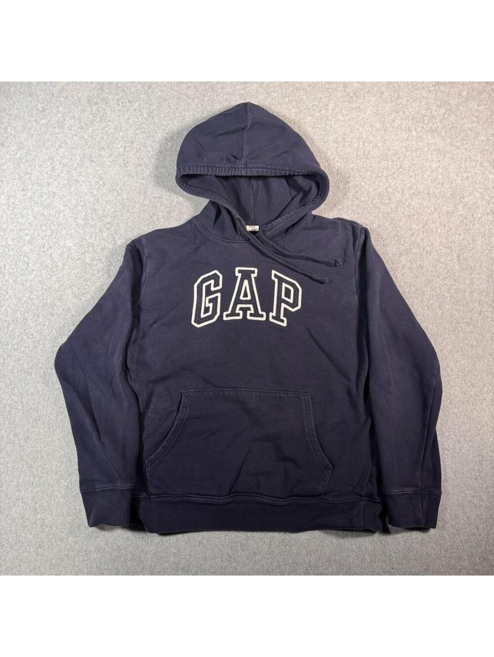 Navy blue Spellout Gap hoodie with white arched logo